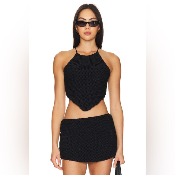 Indah Tops - Indah Bridgette Black Crochet Scarf Halter Top XS NEW